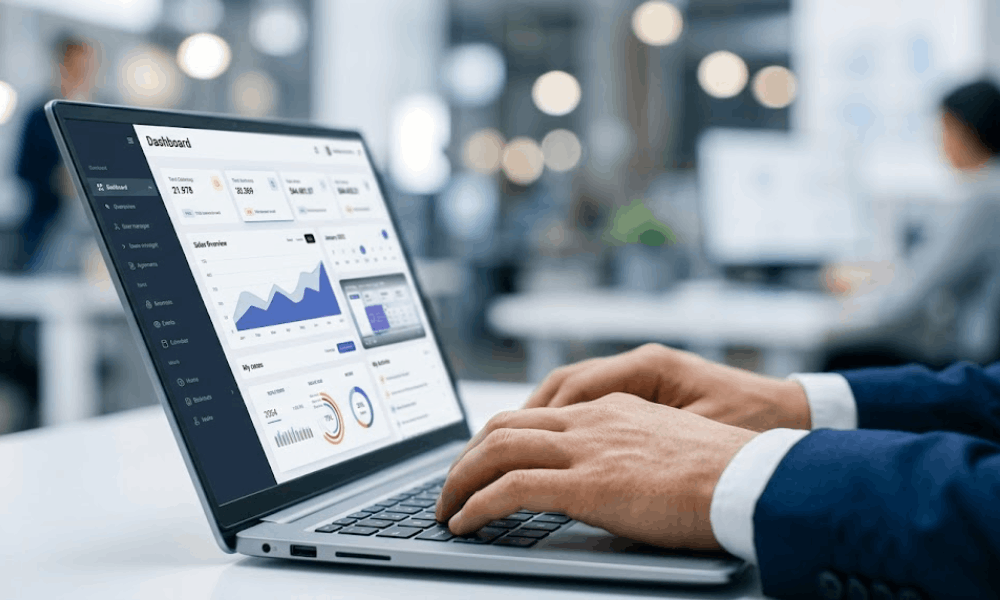 نمای داشبورد مدیریتی و رابط کاربری نرم‌افزار CRM اختصاصی روی صفحه لپ‌تاپ