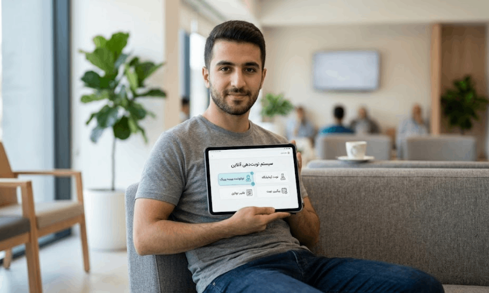 نمایش رابط کاربری یک نرم افزار نوبت دهی اختصاصی روی تبلت توسط مردی در محیط کلینیک.